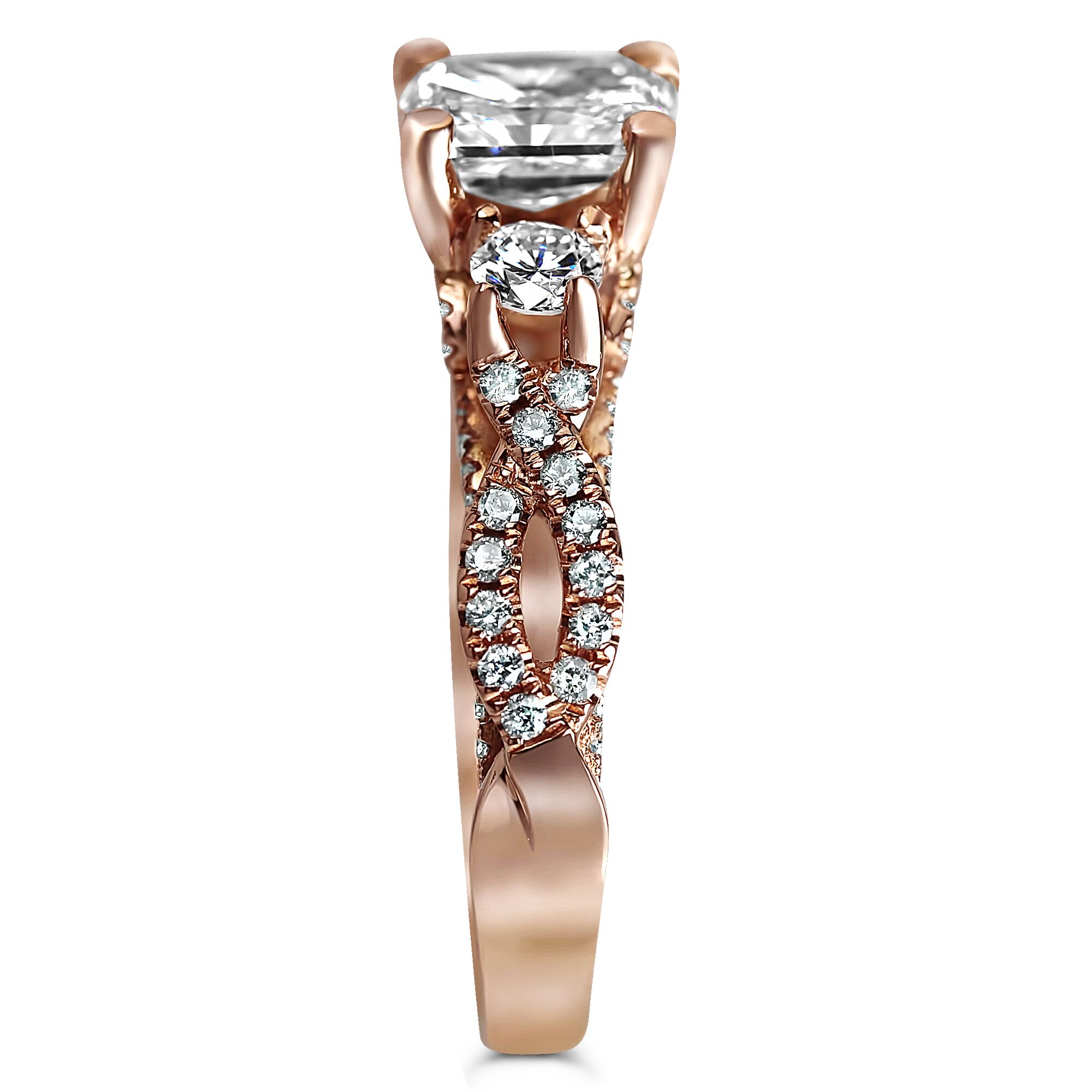 Twisted shank three stone ring in rose gold