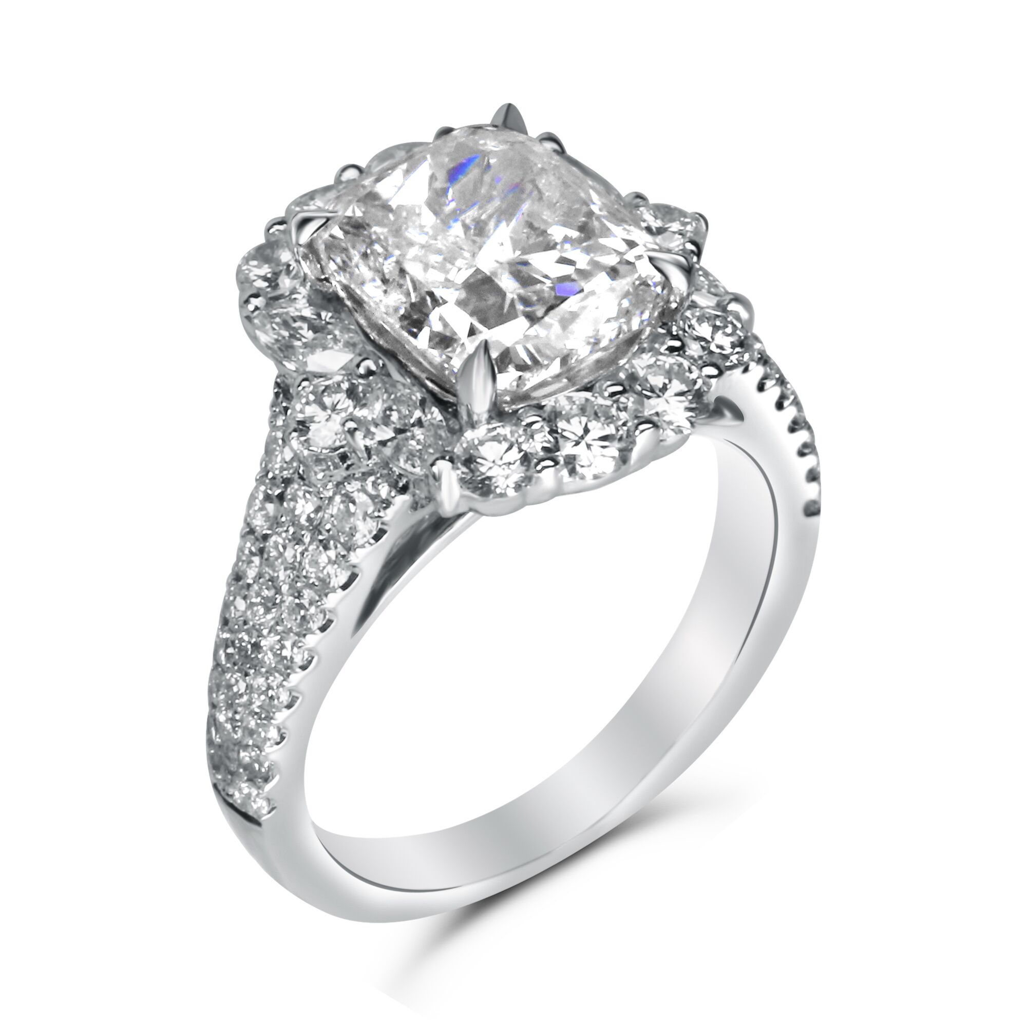 Cushion Halo with 3 Row Diamond Shared Prong