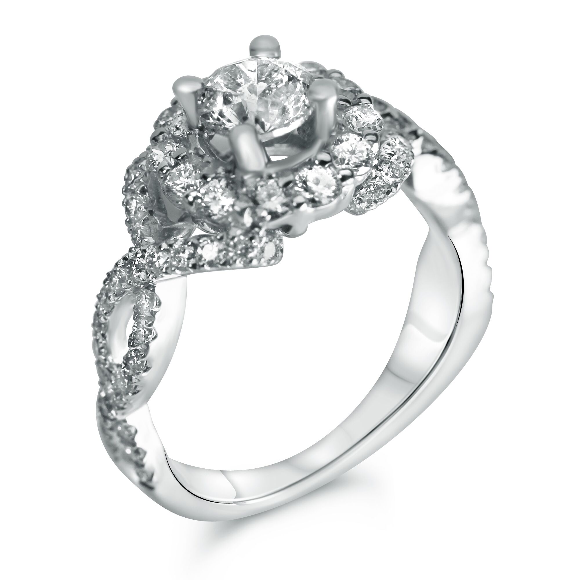round halo twist shank designer engagement ring
