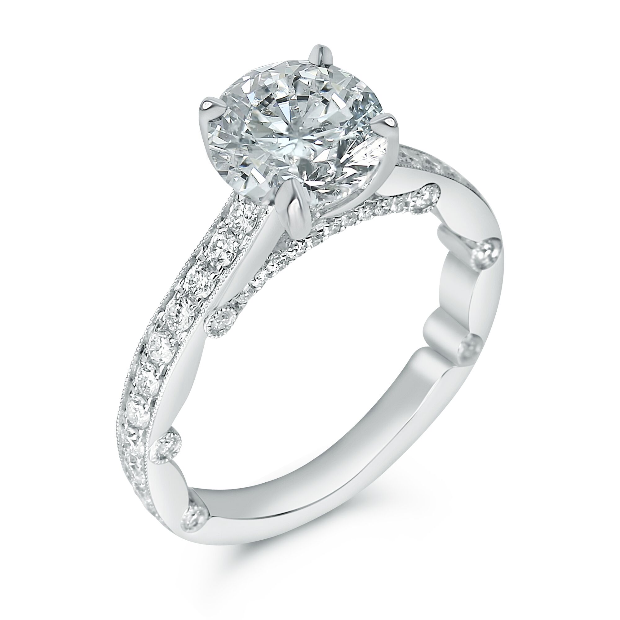 milligrain pave set round designer engagement ring