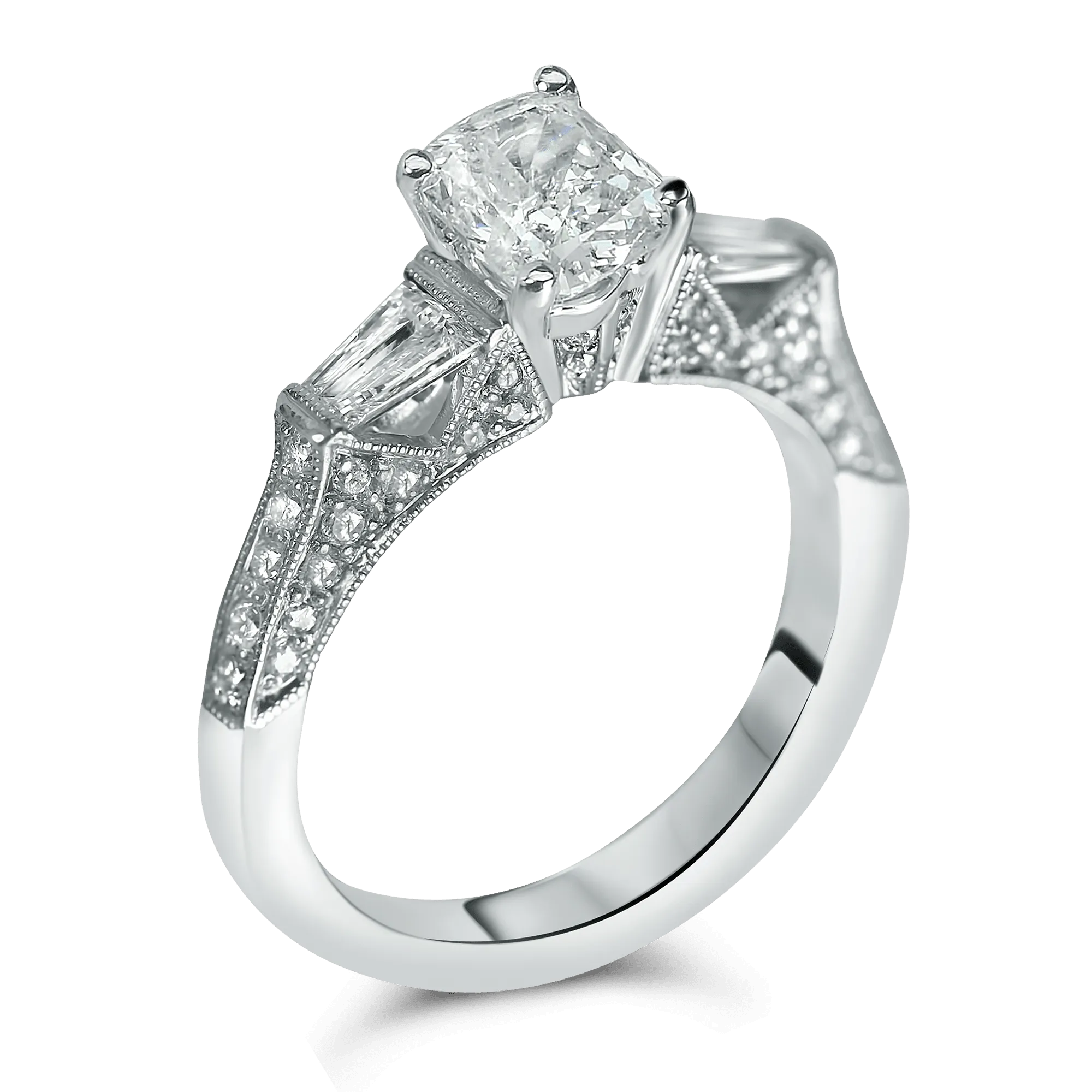 antique style engagement ring with baguettes and cushion