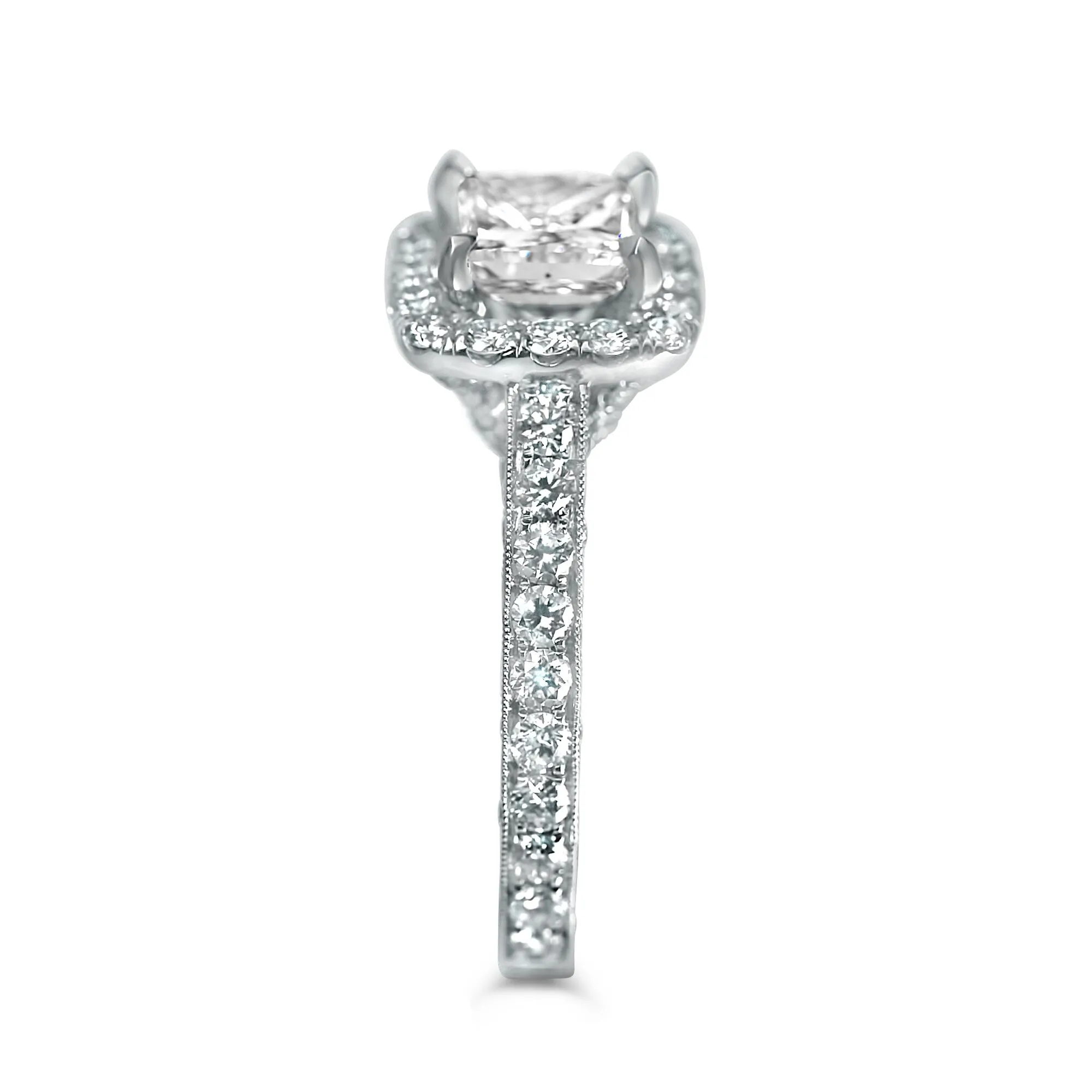 1 1/2cttw Princess Cut in Cushion Halo and Three Sided Diamond Setting - Image 2