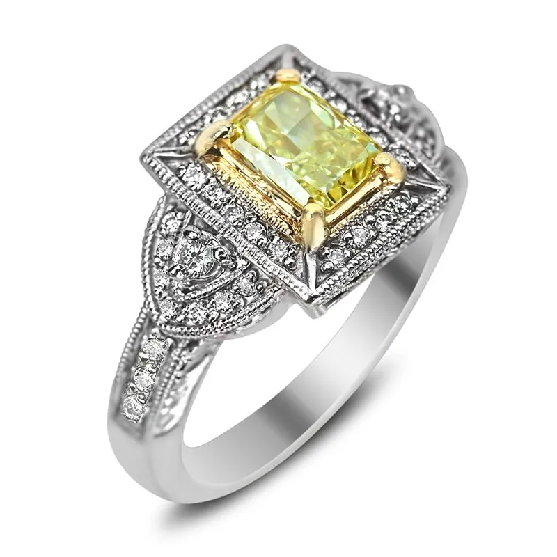 Light Yellow Cushion Antique Halo with Millgrain