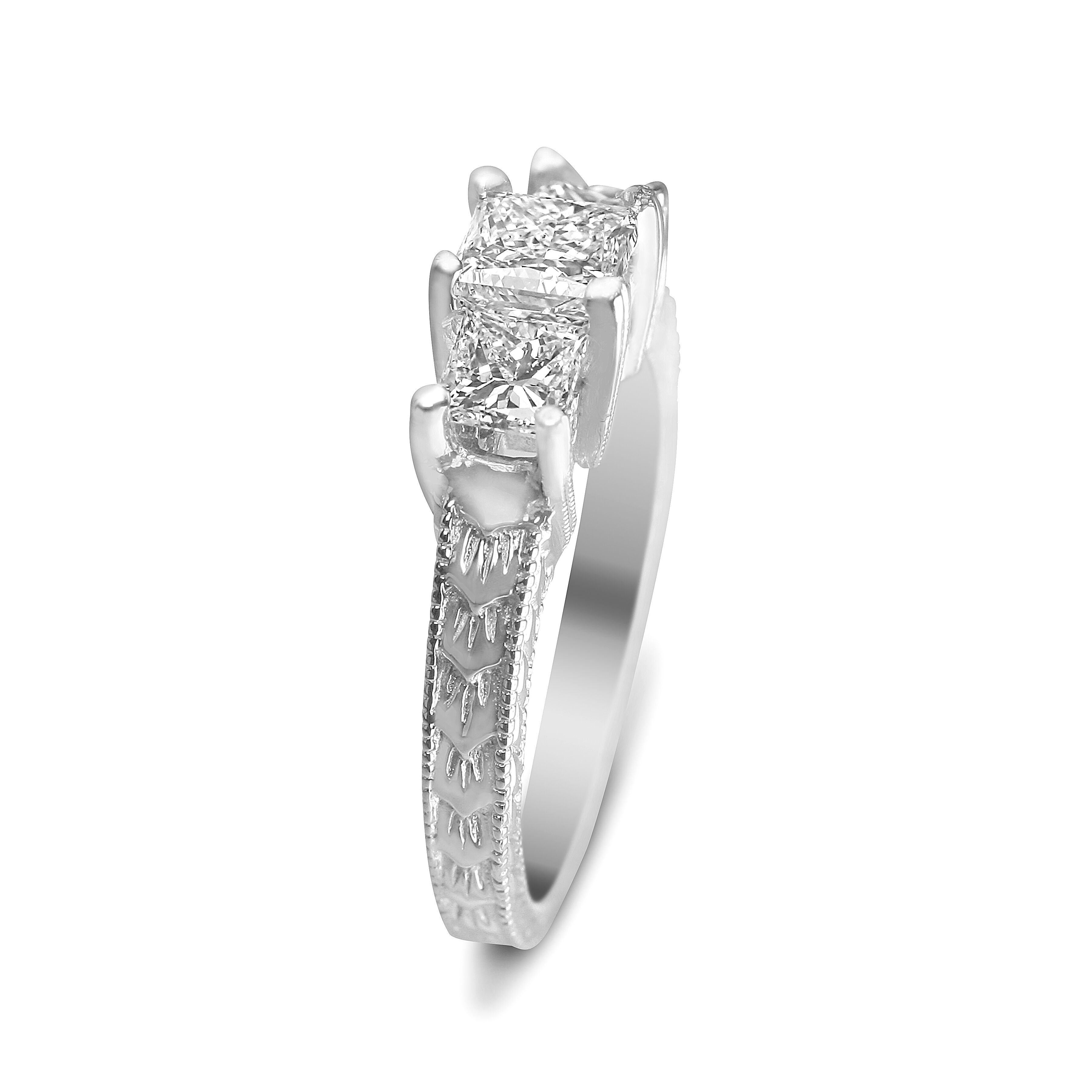 1 1/4cttw Antique Engraved Style Three Stone Princess Cut Ring - Image 2