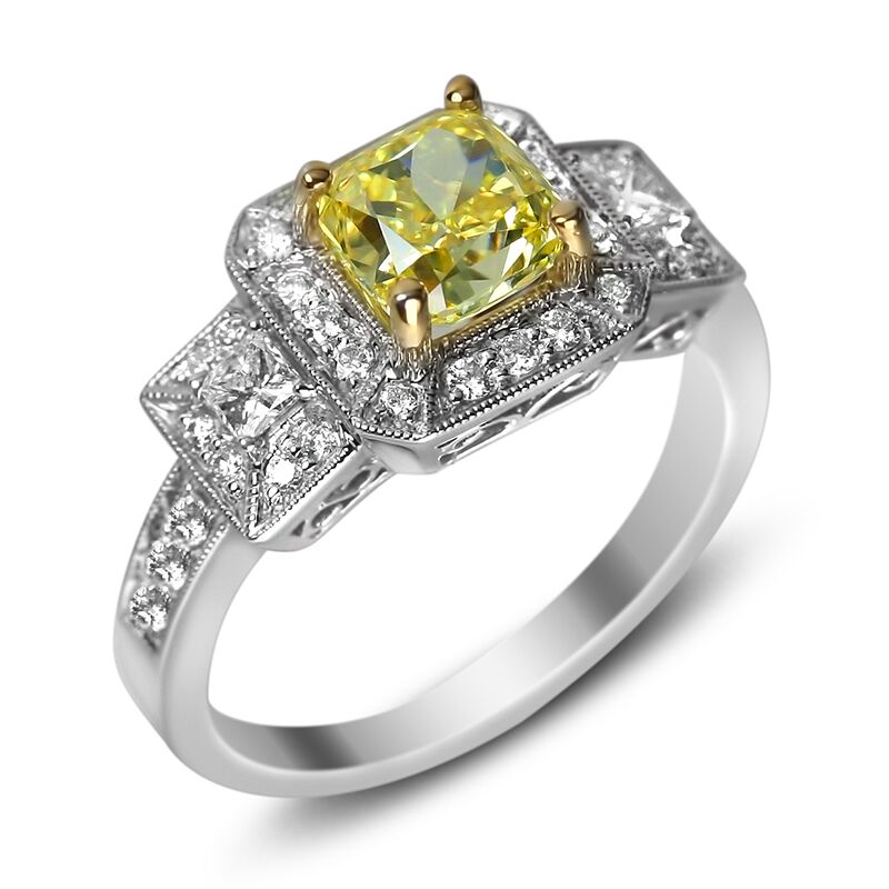 Light Yellow Antique Style Cushion Halo with Millgrain